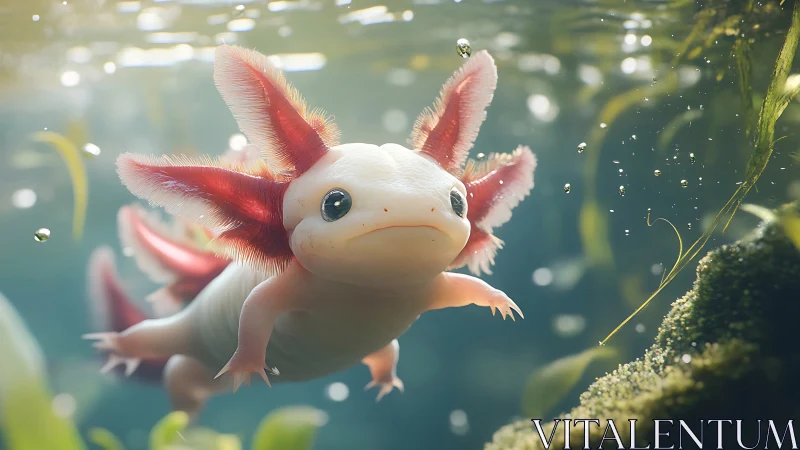 Axolotl underwater with pink gills in clear habitat.