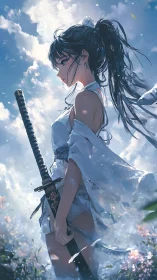 Skylit swordswoman pauses softly between clouds and blossoms