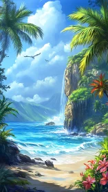 Tropical Coastal Waterfall with Basalt Cliff Formations.