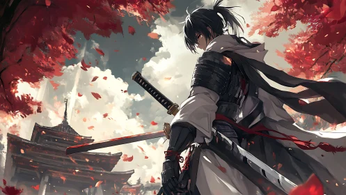 Lone anime samurai stands beneath crimson autumn leaves