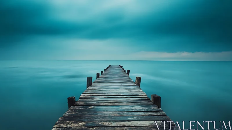 Weathered wooden pier leading into calm cyan horizon.