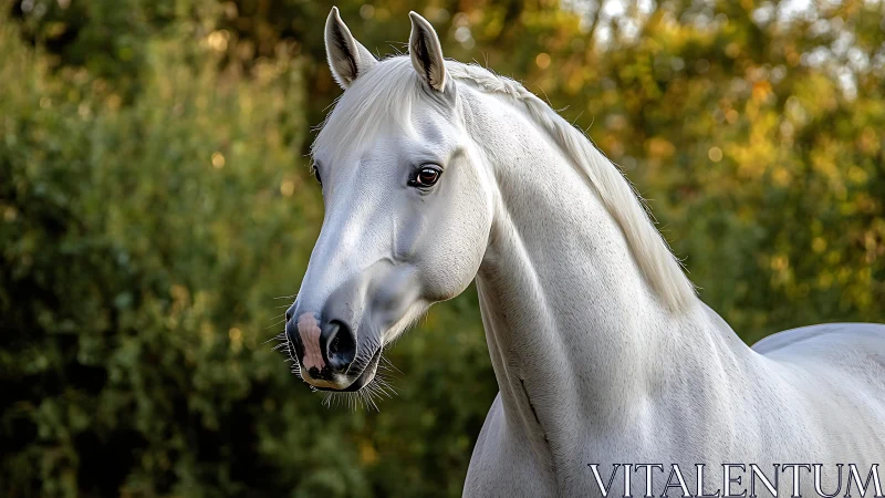 Side profile portrait of a light gray horse outdoors.