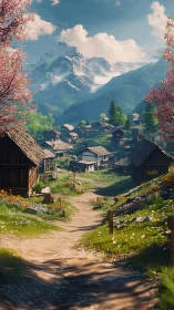 Alpine village path under glaciated massif in spring luminance.