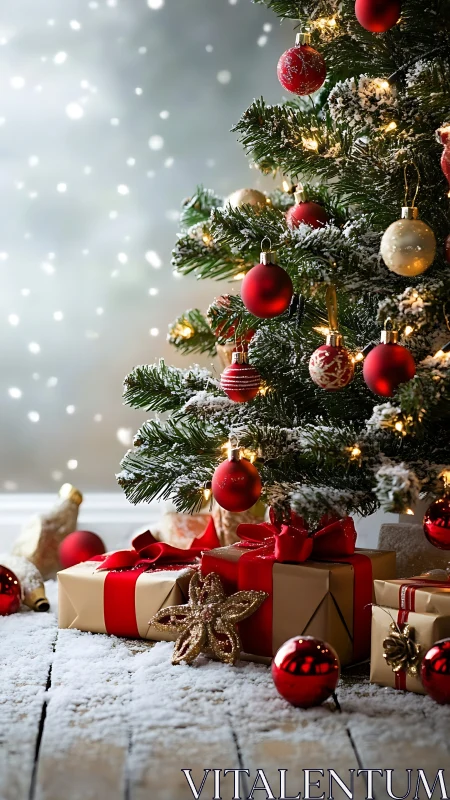 Decorated Christmas tree with gifts on snowy wooden floor.