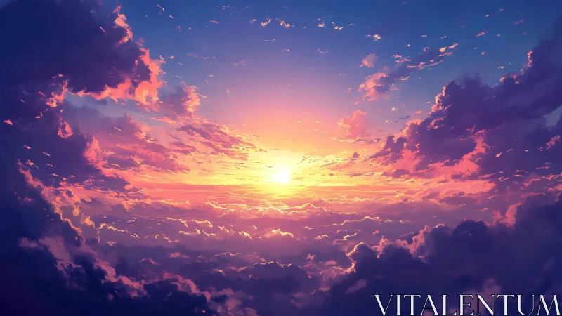 Radiant sunrise above clouds in luminous digital skyscape.