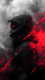 Hooded sci fi soldier stands in crimson smoke and storm clouds