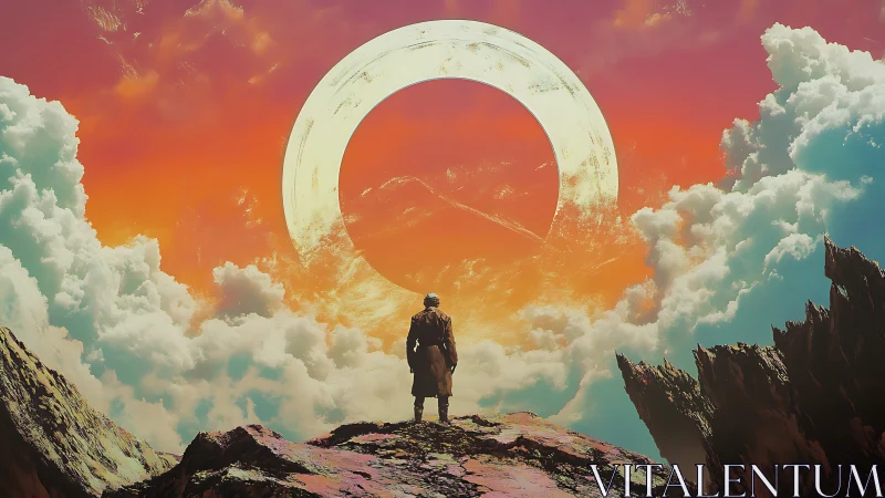 Lone wanderer beneath colossal ringed sunlit sky.