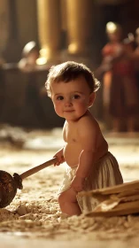 Temple courtyard cherub plays hero with oversized scepter.