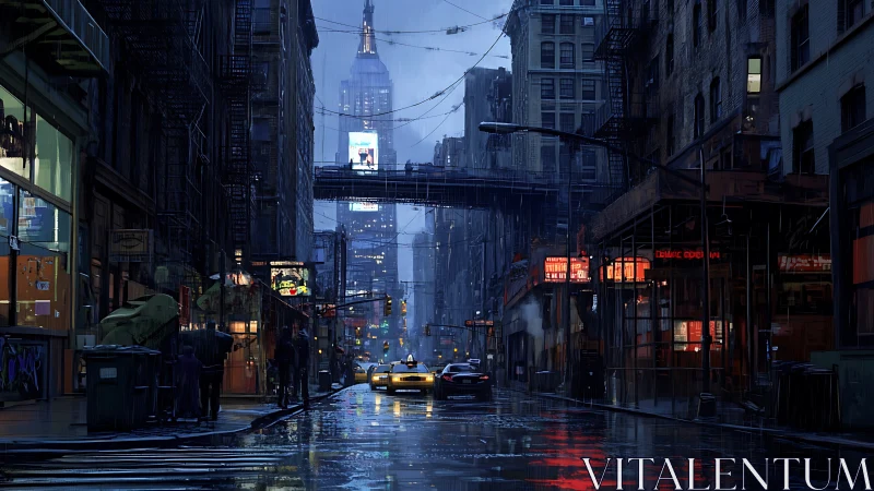 Rainy nighttime city street shows wet pavement and traffic