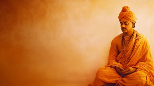 Saffron silence cradling a meditating monk in warm hush.