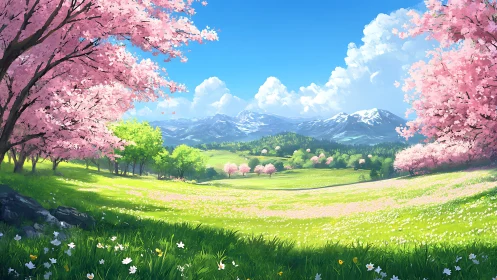 Spring valley of cherry blossoms under soft mountain light.