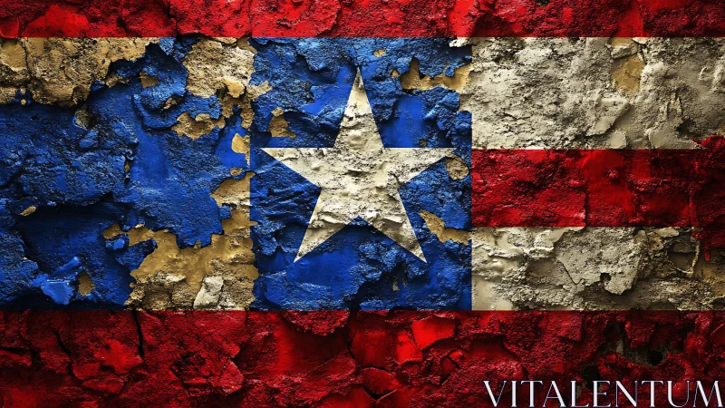 Weathered Texas flag mural with cracked peeling paint texture.