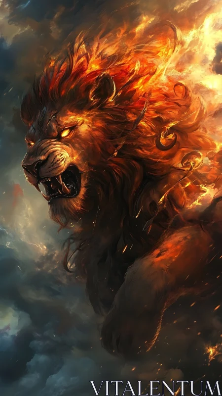 Flaming celestial lion roaring amid dark storm clouds.