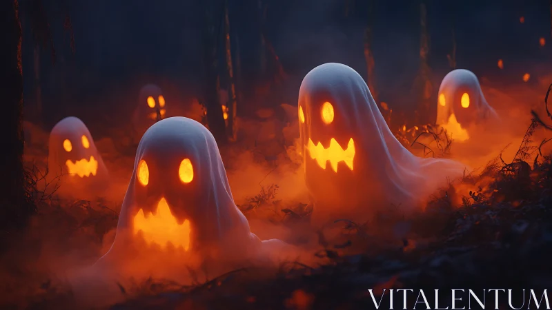 Glowing pumpkin ghosts drift through foggy forest night.