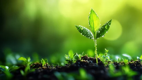 Single wet seedling stands in sharp focus against blurred field