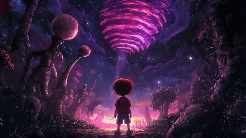 Child under cosmic vortex observing luminous alien forest