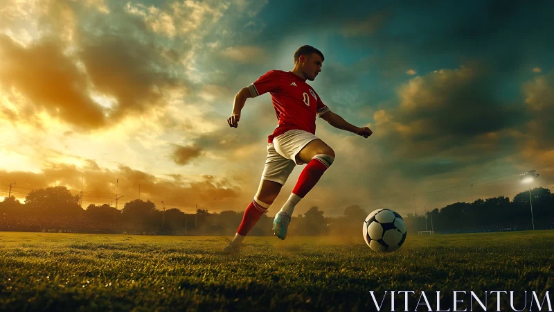 Soccer player in red uniform kicking ball at sunset field.