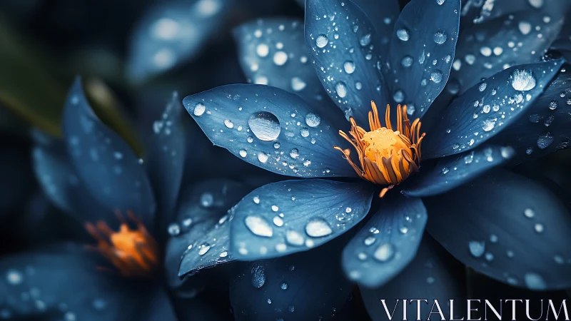 Blue Petaled Flowers with Water Droplets and Golden Centers
