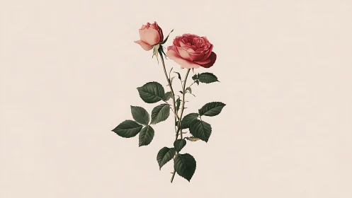 Botanical Rose Illustration with Pink Blooms.