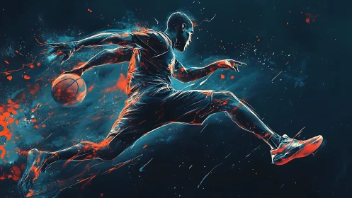 Dynamic basketball player captured midair in neon motion