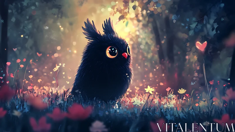 Fluffy black forest creature observes glowing heart light