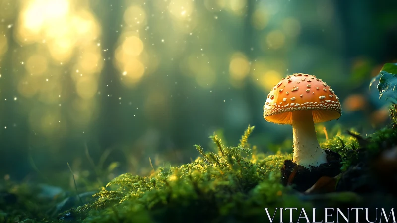 Single orange mushroom stands in soft forest backlight