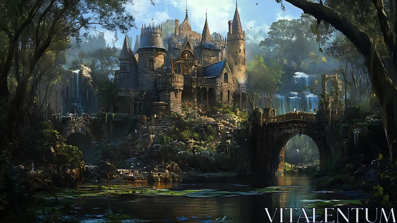 Hydrologically veiled forest citadel with Gothic turrets and bridge.