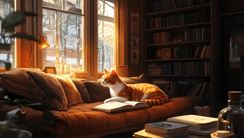 Orange Tabby Scholar Contemplates Literature Bathed in Golden Afternoon Glow
