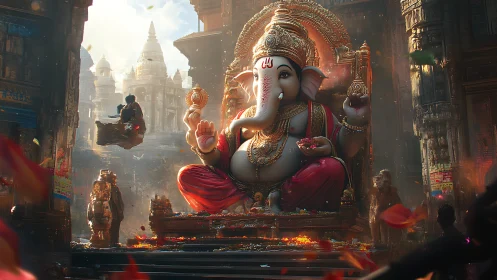 Majestic Ganesha idol in ornate temple courtyard at dusk.