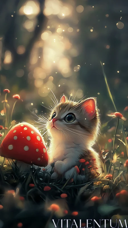 Digital painting of kitten and toadstool in enchanted bokeh light.