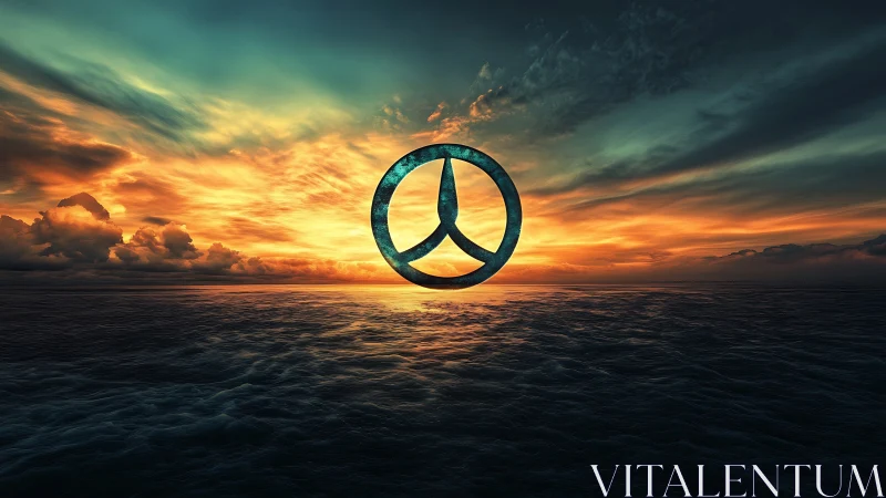 Peace symbol floats over stormy ocean at blazing sunset