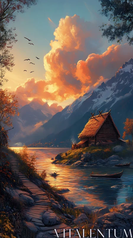 Sunlit mountain cove cradle with ember-bright evening clouds.