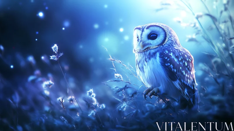Moonlit owl rests softly in a glowing blue meadow night