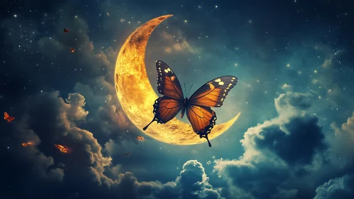 Butterfly positioned before crescent moon in cloudy night sky.