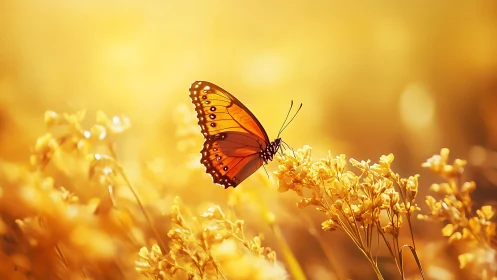 Orange butterfly on golden wildflowers in soft sunset glow.