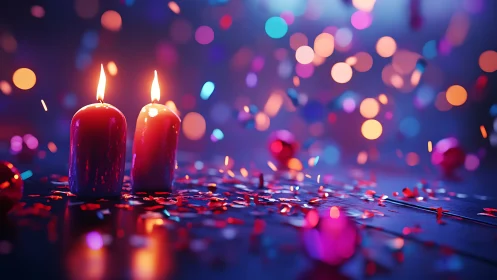 Glowing red candles burn softly amid vibrant party confetti