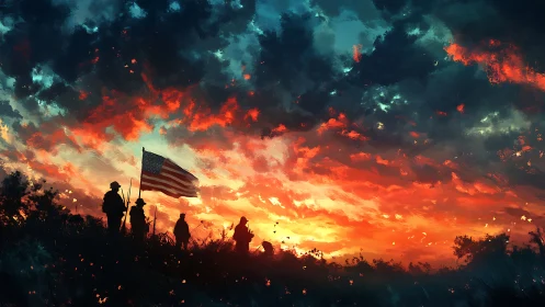 Backlit soldiers and US flag silhouetted against turbulent, burning sky