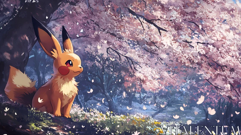 Gentle foxlike friend resting beneath drifting blossoms.