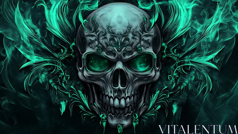 Glowing emerald skull radiates dark ethereal energy shards.