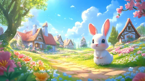 White rabbit on village path in bright spring landscape.