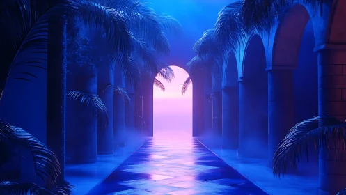 Moonlit palm arcade opens onto a softly glowing horizon