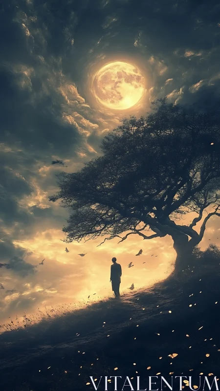 Solitary figure under moonlit sky beside wind-shaped tree.