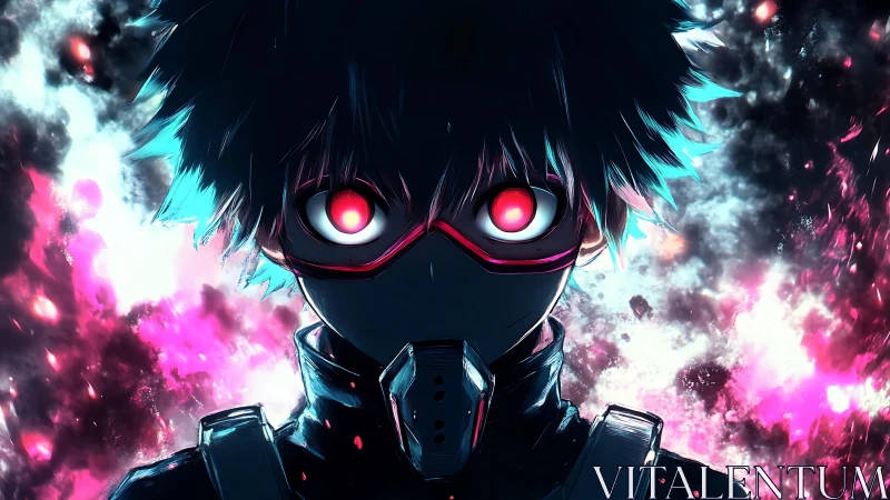 Masked anime cyborg with glowing red eyes in neon smoke