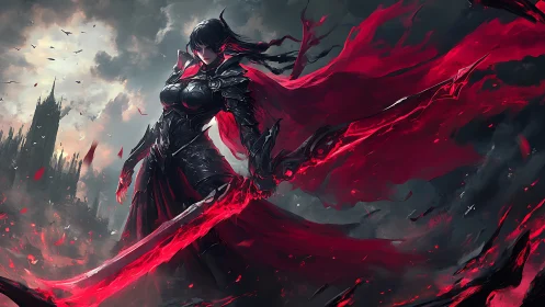 Crimson warlord in storm-swept ruins, blazing voidblade poised.