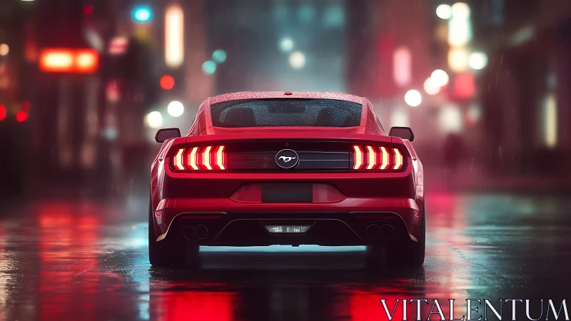 Red sports car idling on neon city street in rain-soaked night.