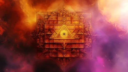 Geometric mandala with central golden triangle motif.