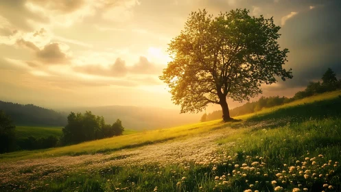 Sunlit hillside tree quietly choreographs the evening glow