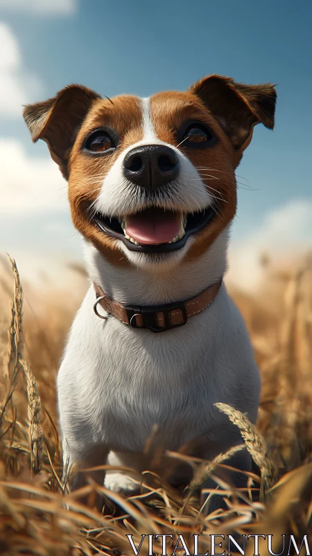 Joyful terrier portrait in golden wheat field sunlight.