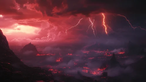 Volcanic wasteland under electrically charged crimson storm sky