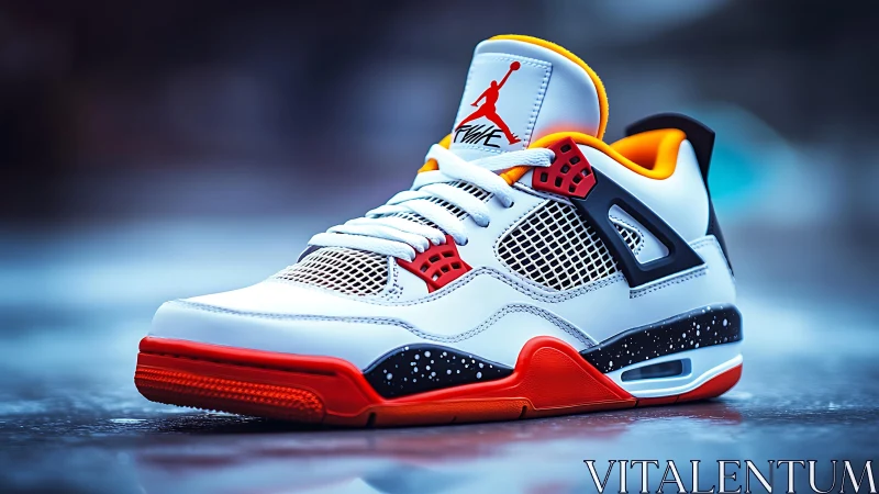 Retro white sneaker on wet court with vibrant accents.